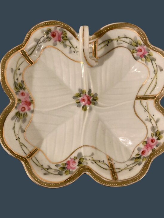 Hand Painted Nippon Porcelain Floral Nappy Lemon Dish With Gold Trim And Handle - Picture 1 of 5